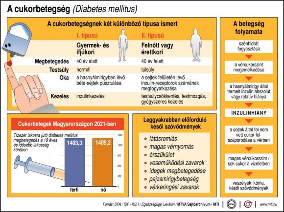 A cukorbetegség, A betegség folyamata; A betegség típusai; A cukorbetegek száma Magyarországon, 2021-ben; Leggyakrabban előforduló késői szövődmények