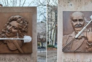 WC-kefékkel dekorálta ki a Kutyapárt az emlékműveket a Muzsikus Cigányok parkjában