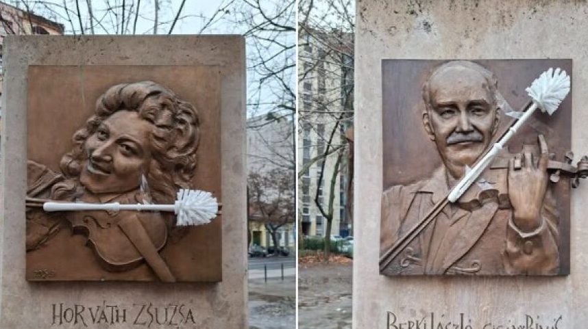 WC-kefékkel dekorálta ki a Kutyapárt az emlékműveket a Muzsikus Cigányok parkjában