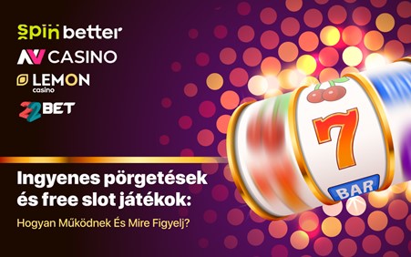 Forgó nyerőgép 7-es és BAR szimbólumokkal, háttérben kaszinófényekkel és online kaszinólogókkal, amely az ingyenes pörgetéseket és free slot játékokat szemlélteti.