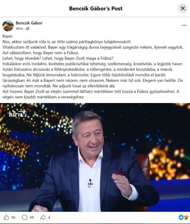 Bencsik Gábor kritizálja Bayer Zsoltot