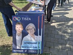 Göröghné Bocskai Éva tiszás plakátokat dedikál Hajdúböszörményben