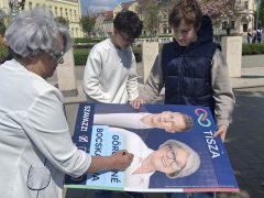 Göröghné Bocskai Éva tiszás plakátokat dedikál Hajdúböszörményben